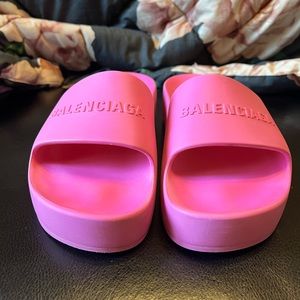Hot Pink Balenciaga Logo-embossed Platform Pool Sandals, size 8